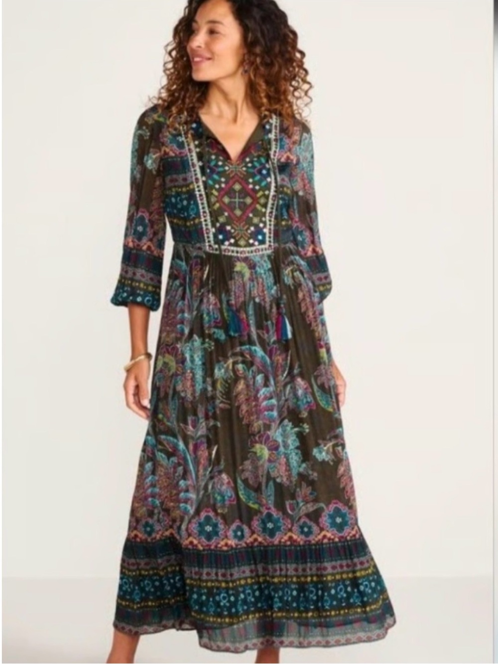 Soft Surroundings Olive Maxi Dress with Multicolor Embroidery